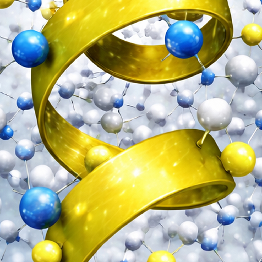 分子ネットワークに囲まれた黄色のらせん状タンパク質構造の3次元分子可視化